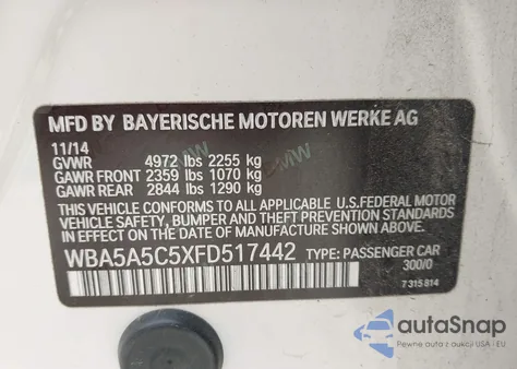 2015 BMW 528I из США, поврежденный, VIN WBA5A5C5XFD517442